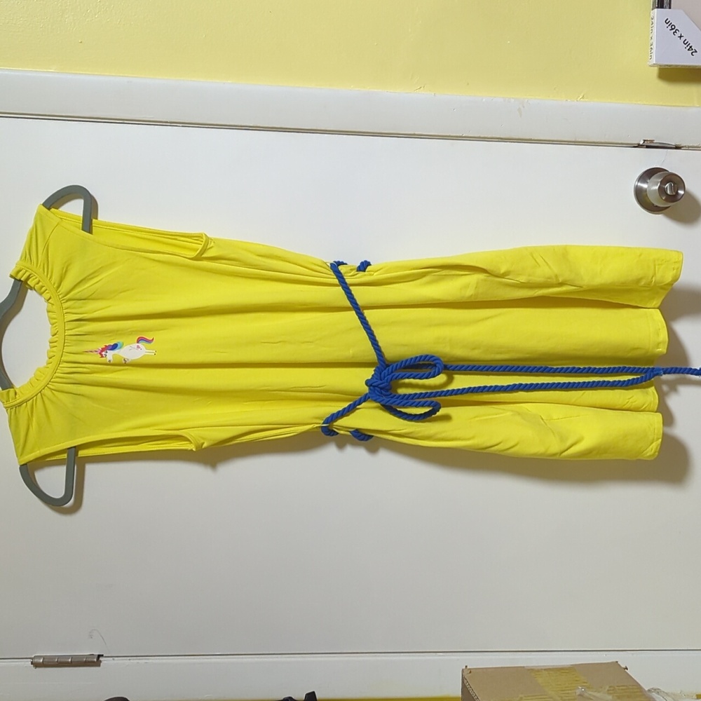 Disney Unicorn with coffee yellow A-line dress with blue waist cord tie belt S